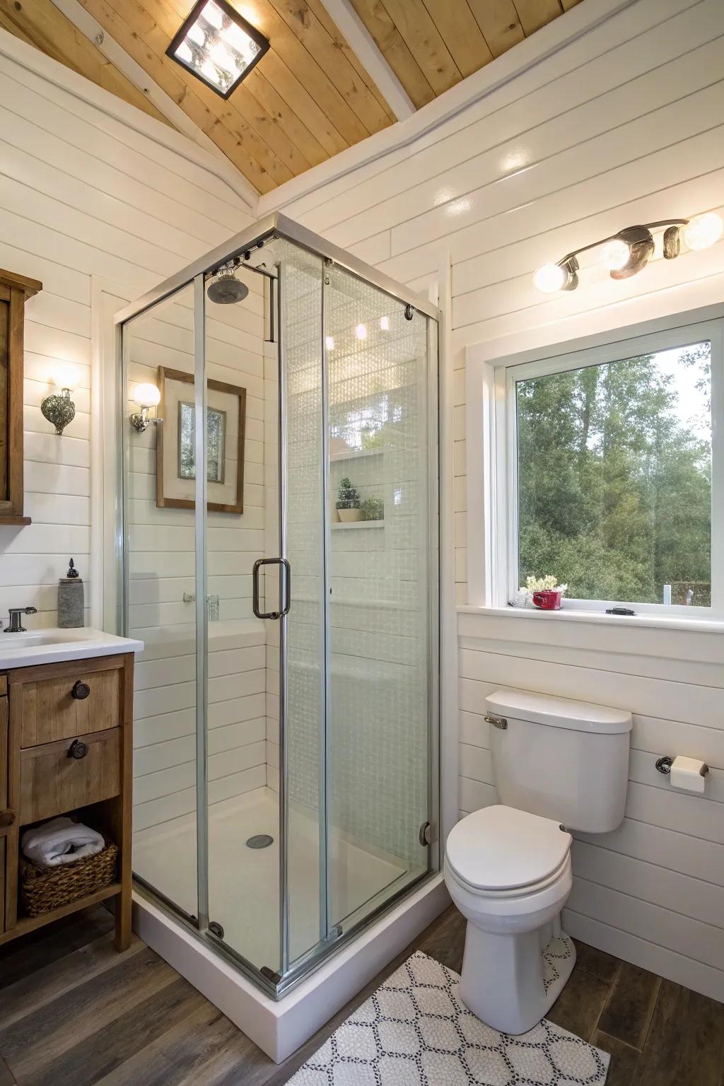 This corner shower smartly uses the space in this small bathroom.