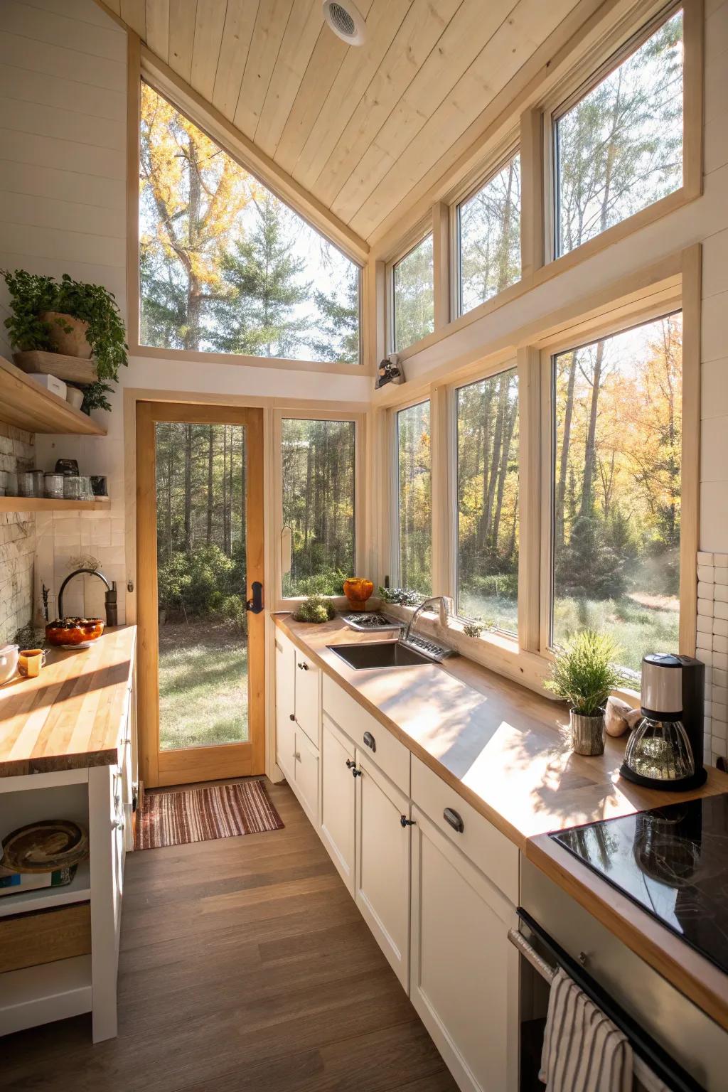 Natural lighting alters a petite cooking space into an inviting refuge.