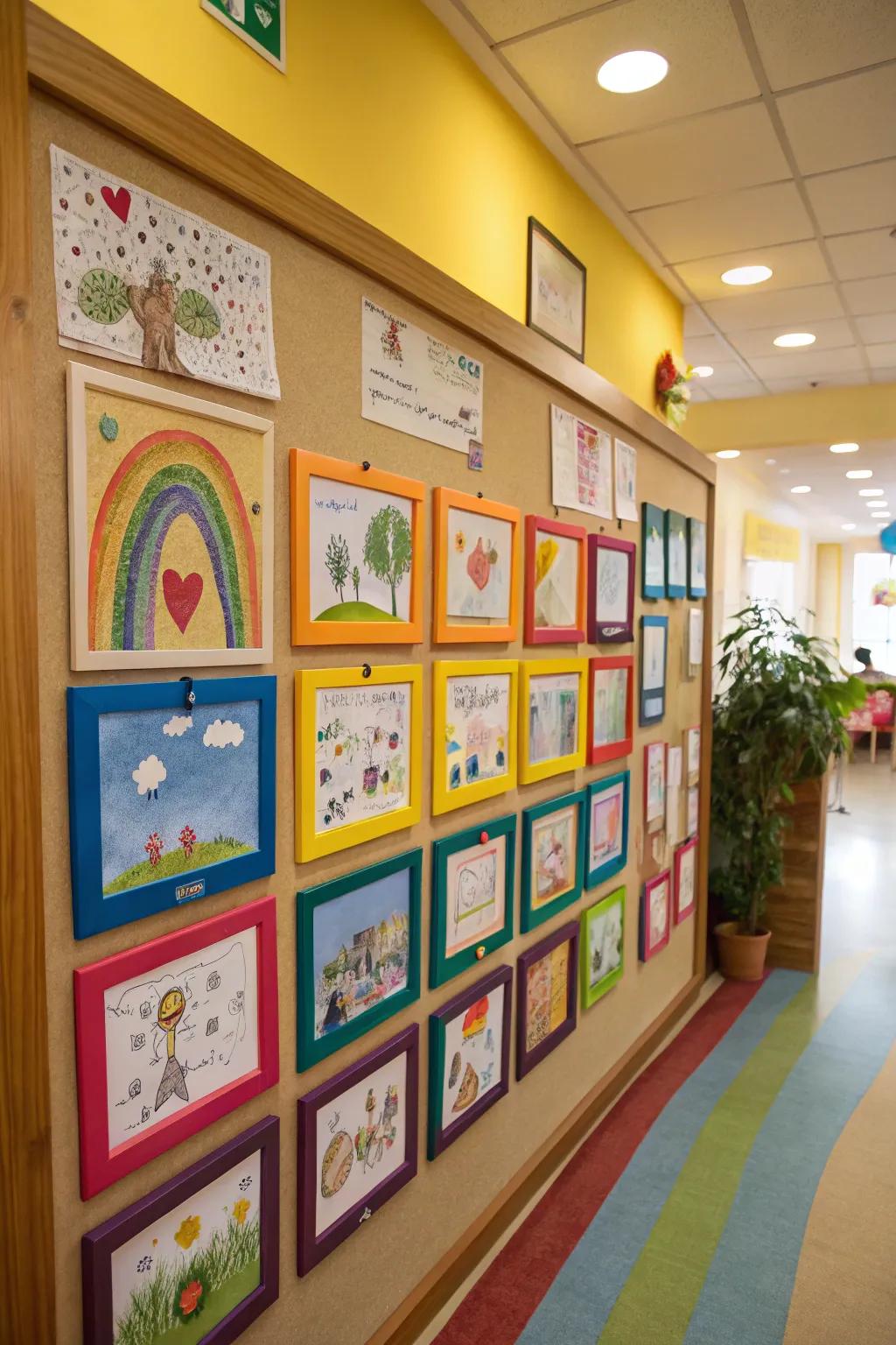 A display board featuring a miniature artistic space with children's artwork.