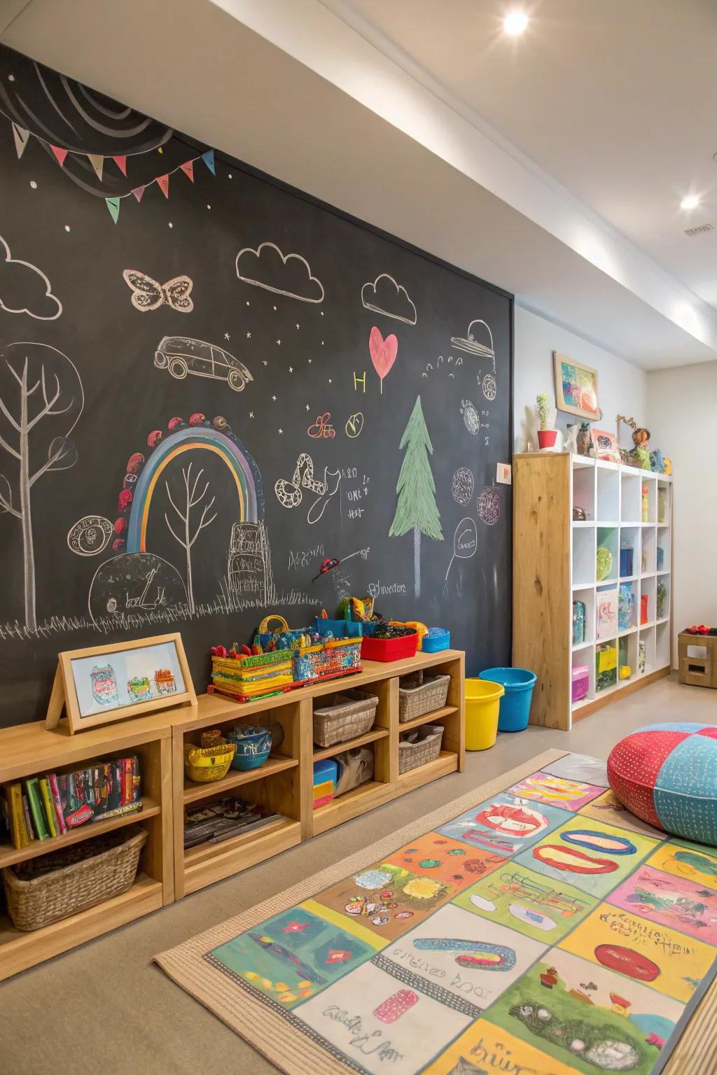 A drawing wall encourages creativity and artistic articulation.