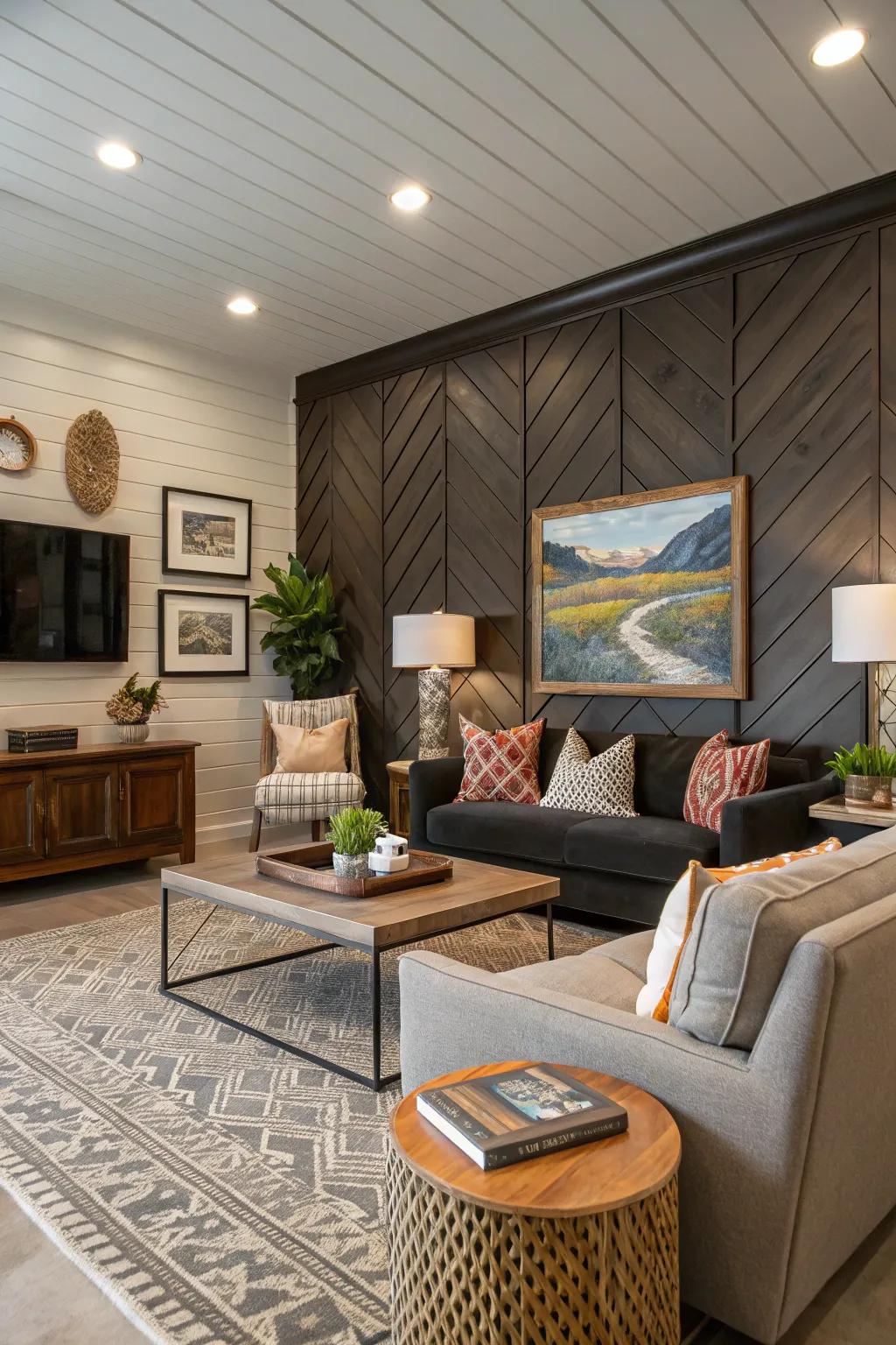 A striking accent wall crafted with shiplap boards elevates this living space.