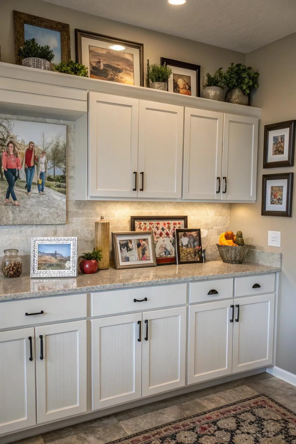 Incorporate a personal touch with art and photos atop your cabinets.