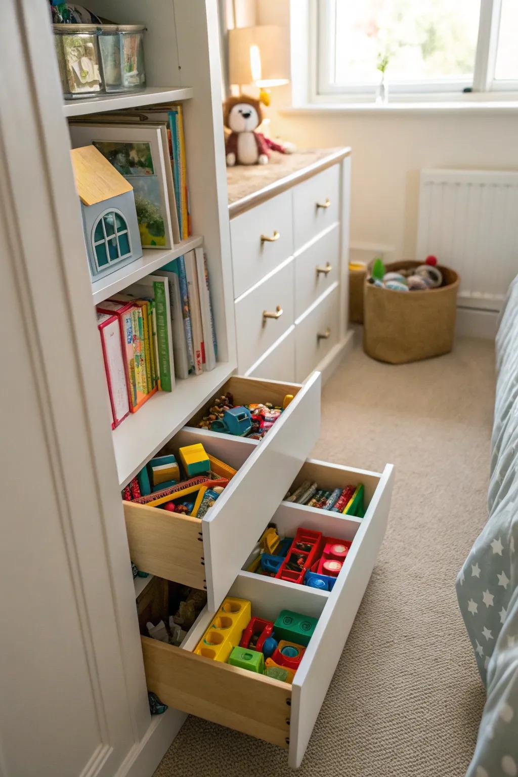 Small drawer systems keep toys accessible and organized.