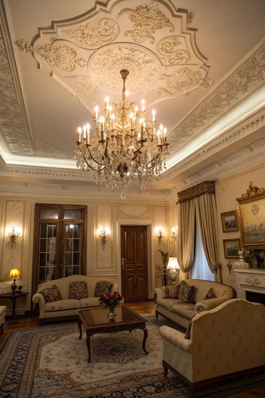 Decorative accents such as chandeliers infuse personality into a classic living room.