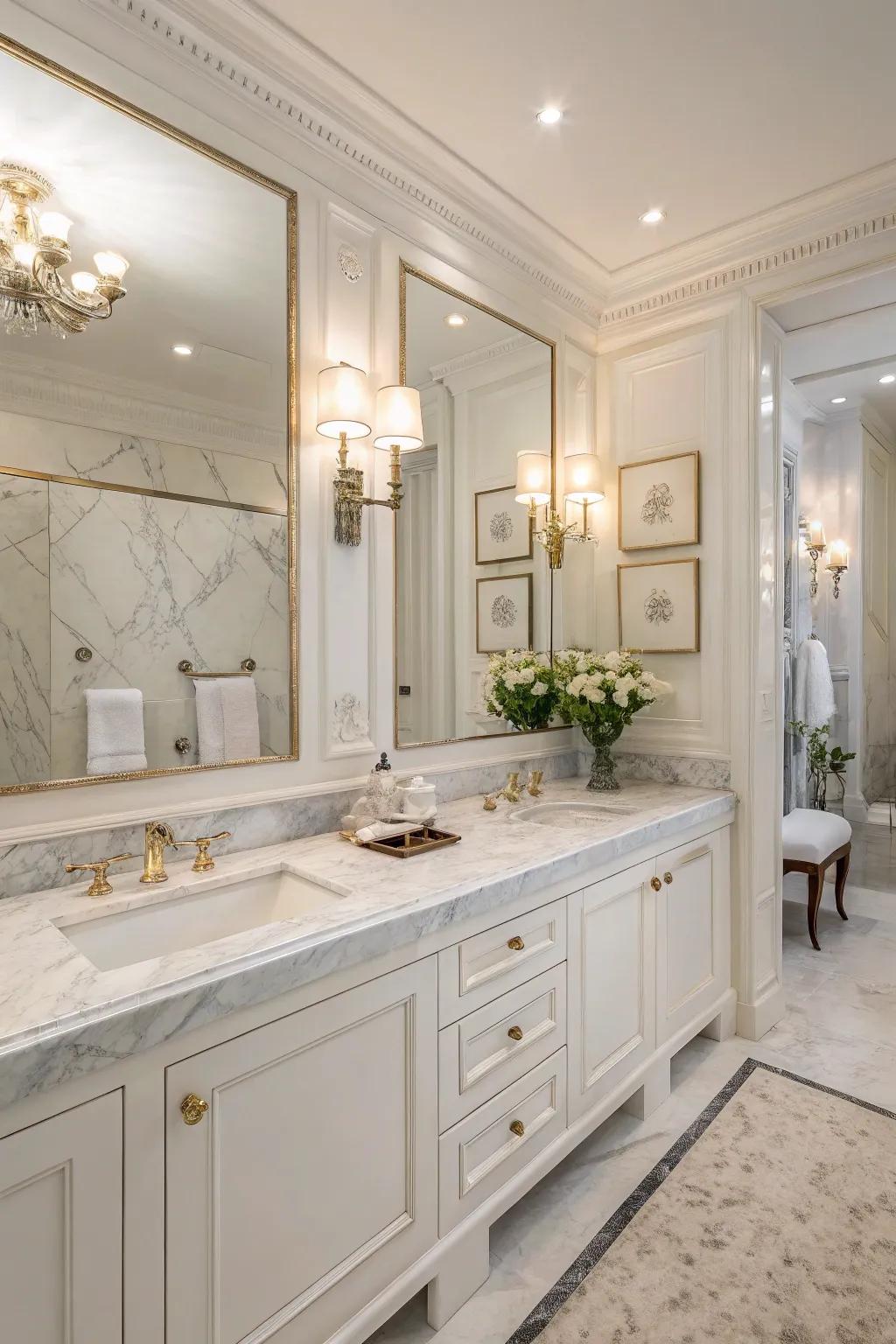 A white bathroom styled with chic marble counters, enhancing a luxurious feel.