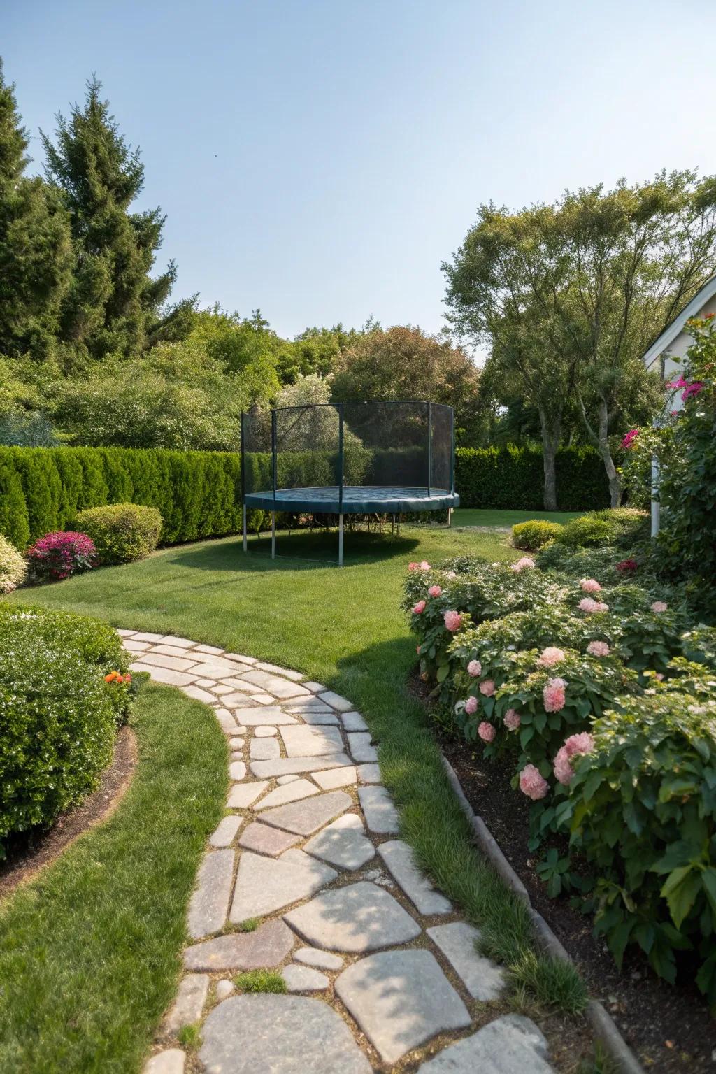 A whimsical stone path directing visitors to the trampoline.