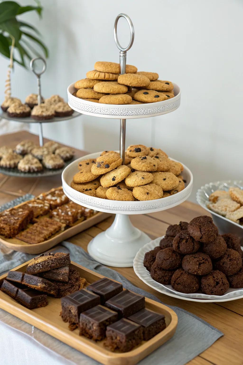 Layered treat arrangement with cookies and brownies.