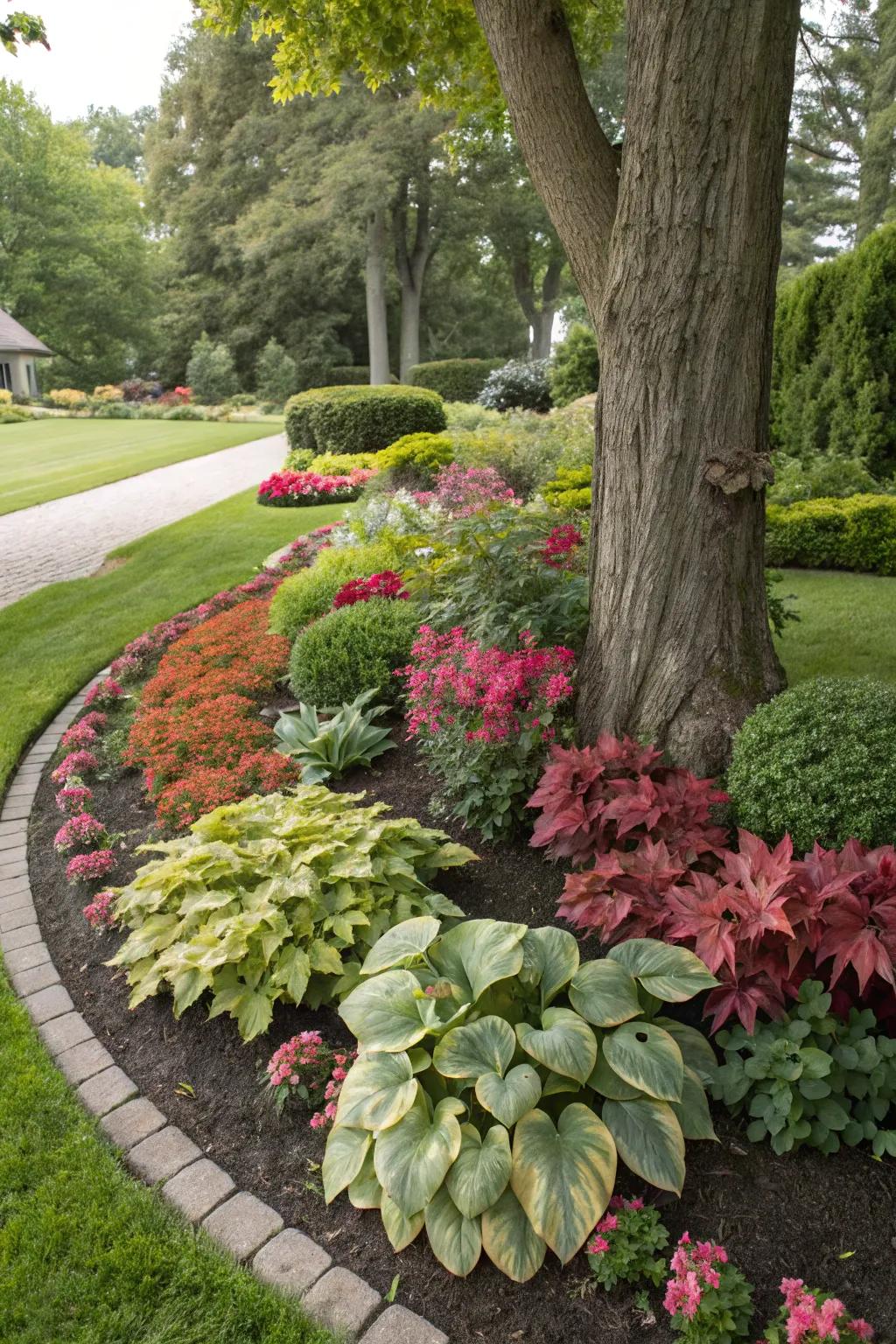 Lively flowers breathe vitality and hue into the tree's location.