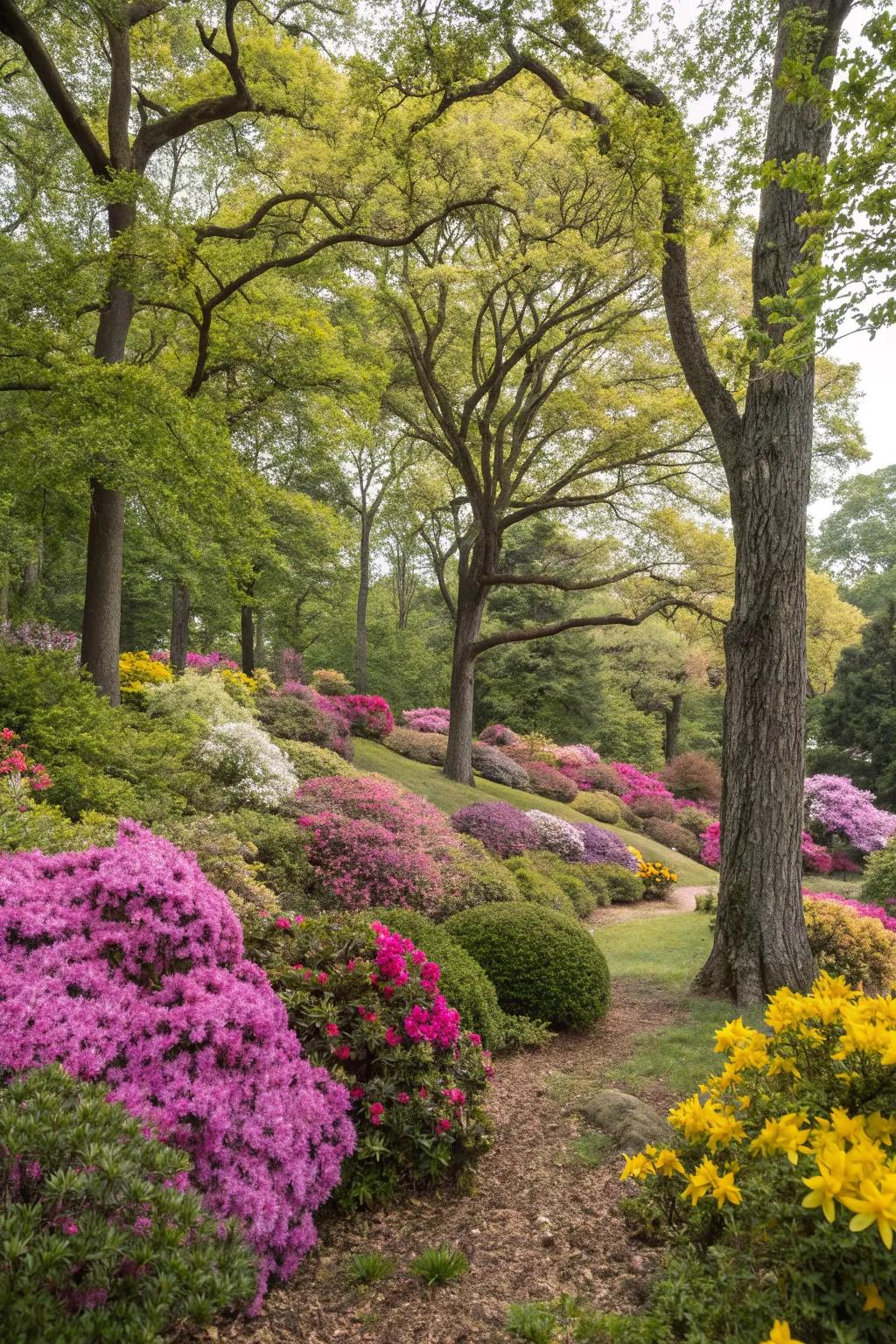 Combine trees and flowering vegetation to enhance color and texture.