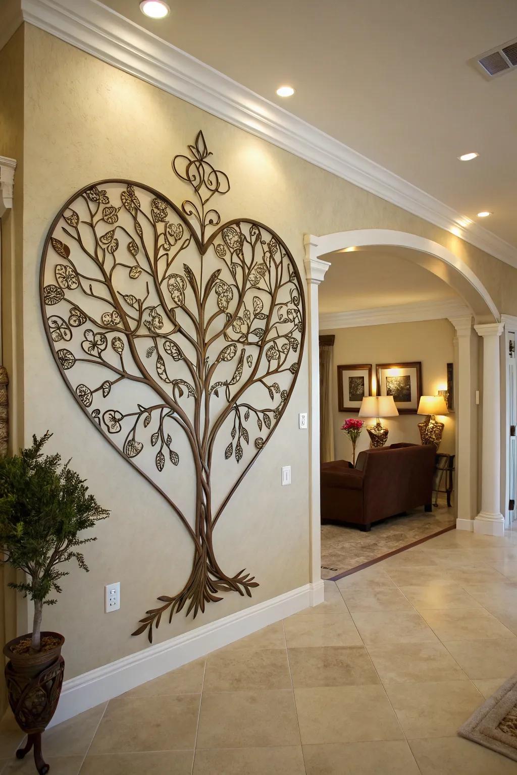 A heart-shaped Arbor Vitae metallic piece graces an entrance wall.