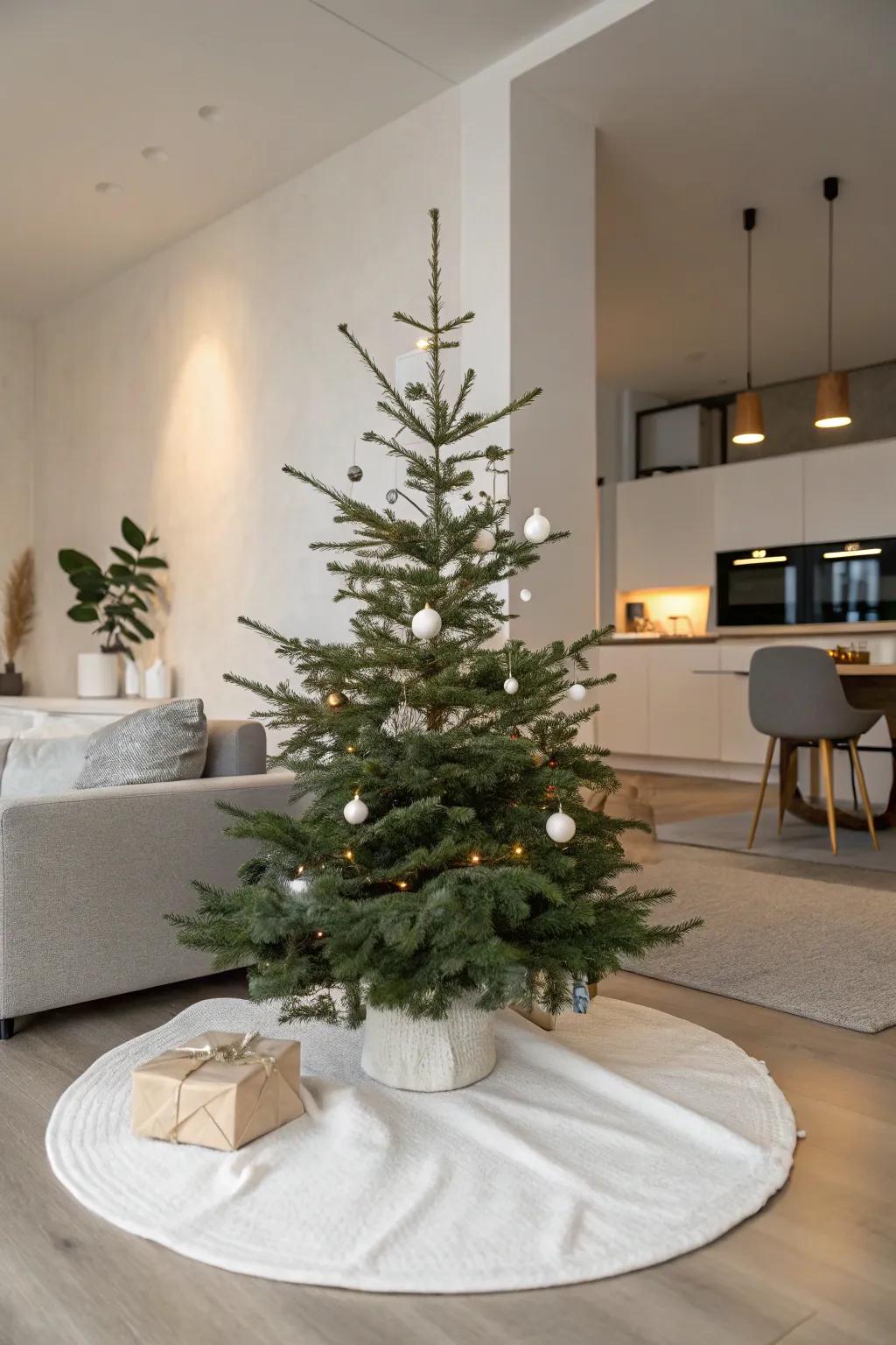 An understated tree skirt complements a modern Christmas tree design.