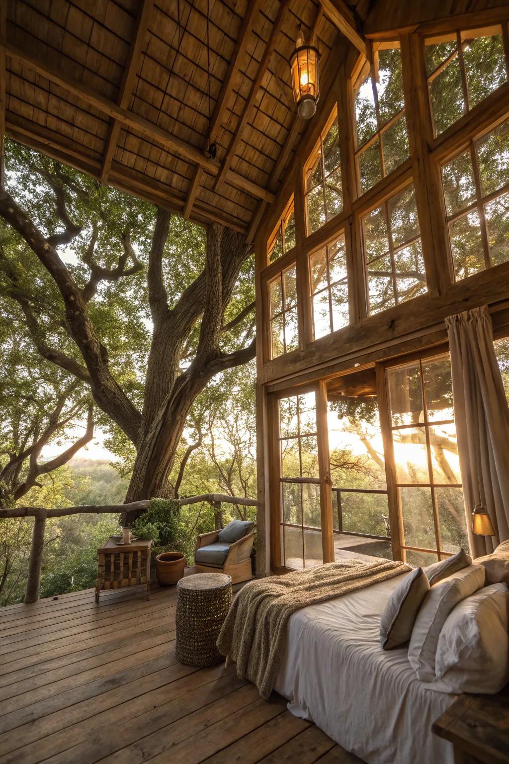 A treehouse bathed in natural light, thanks to large windows that blend the indoors with the outdoors.