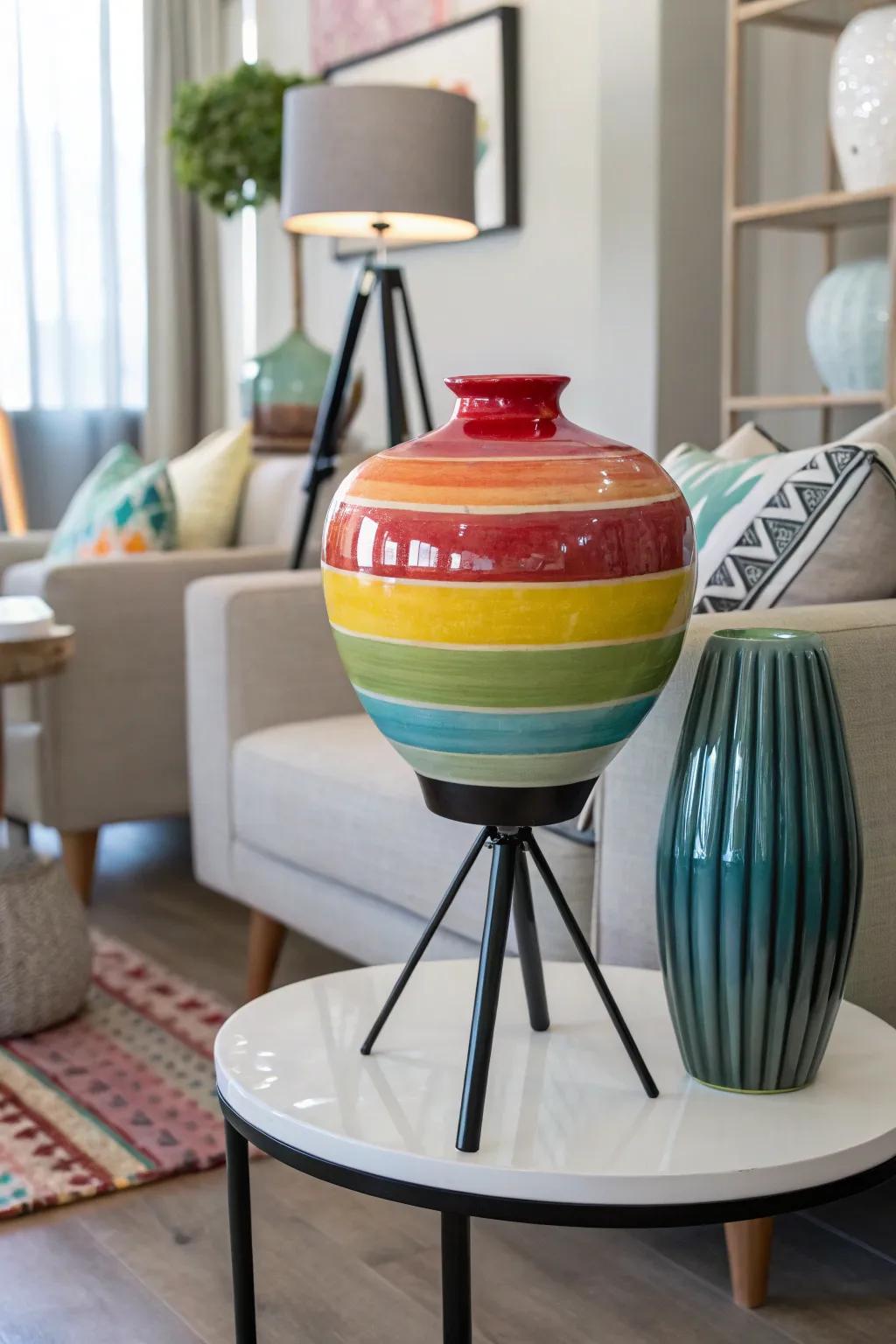 The incorporation of bold colors in three-legged stands lends a playful element to the design.