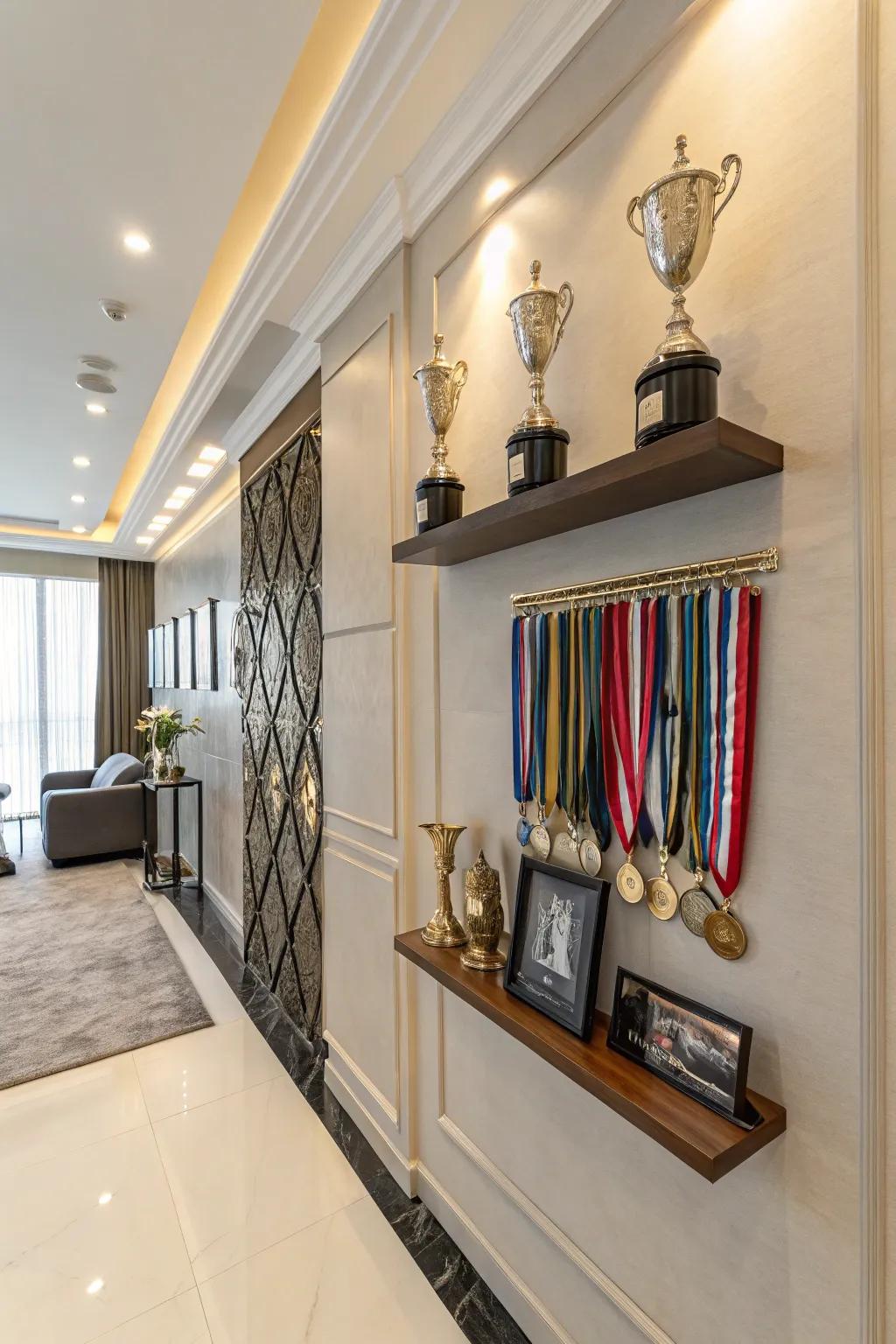 Medal display positioned beneath trophy shelves
