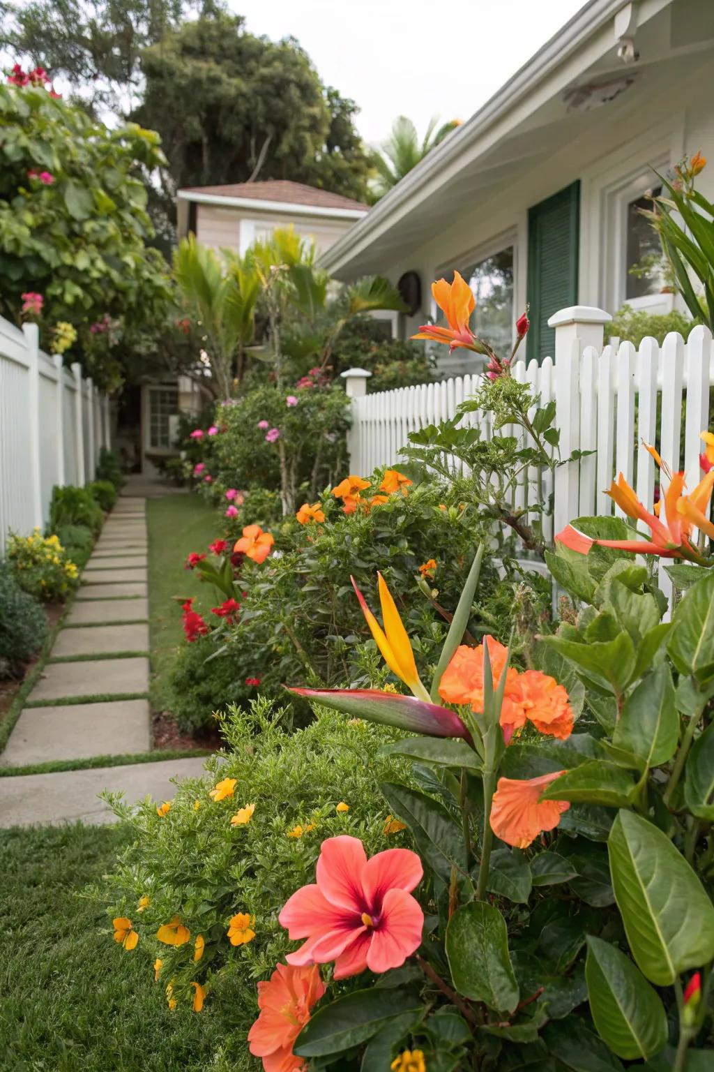 Bright hibiscus and bird of paradise plants introduce striking shades into the garden.