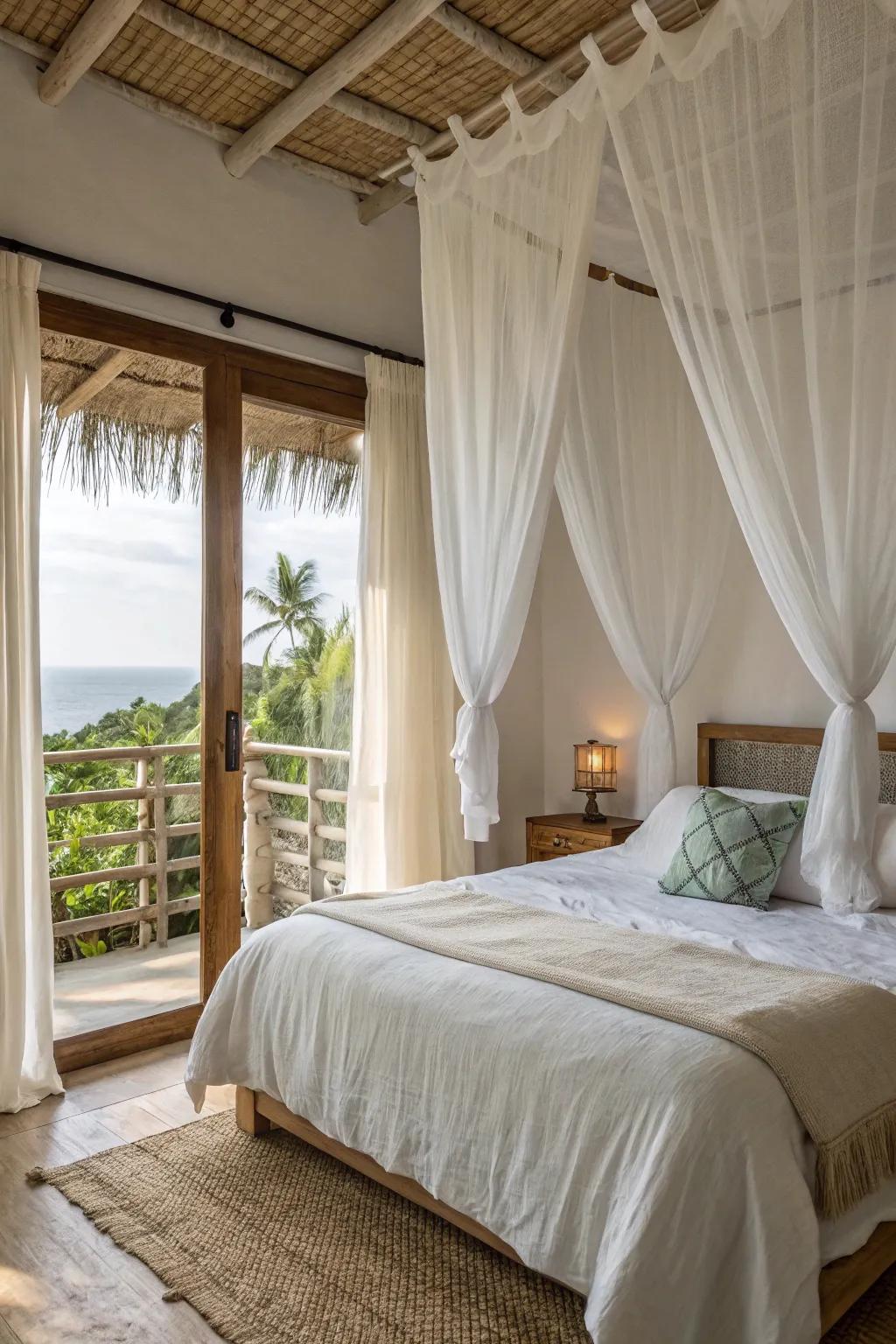 Light and airy textiles craft a breezy and relaxed tropical ambiance.