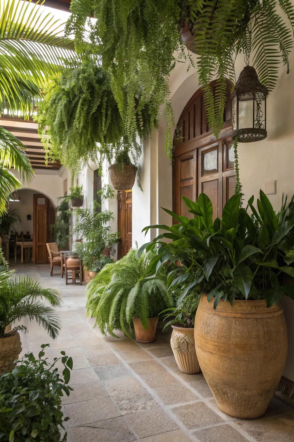 Plants create a revitalizing tropical ambiance inside the house.