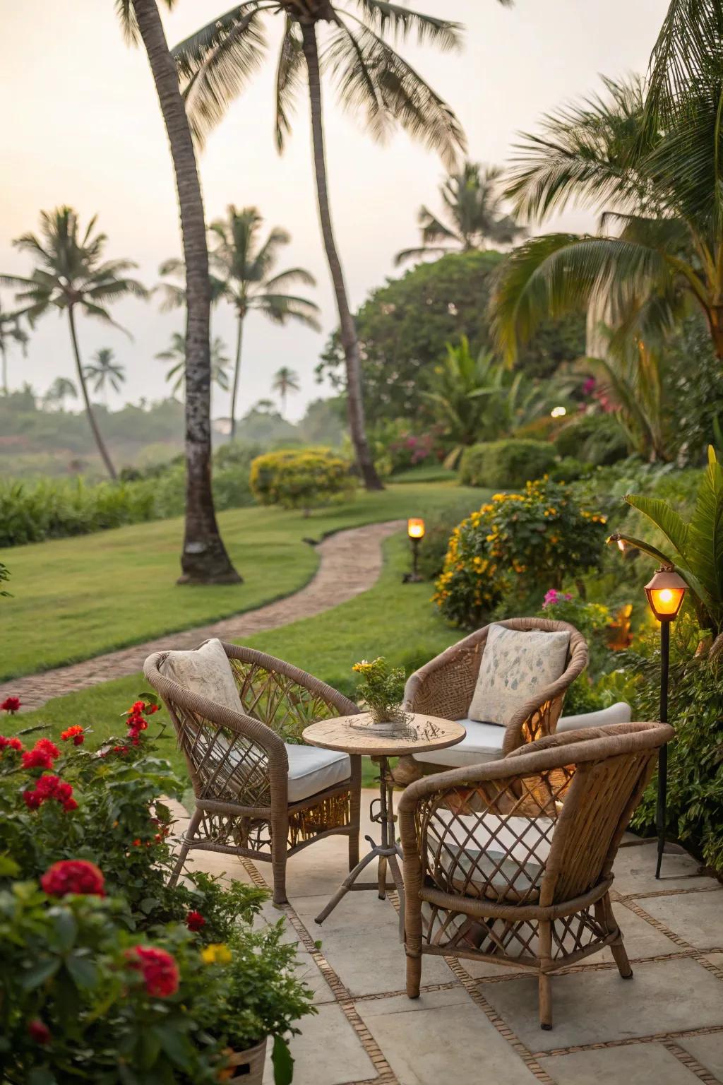 A cozy seating area surrounded by tropical foliage, perfect for relaxation.
