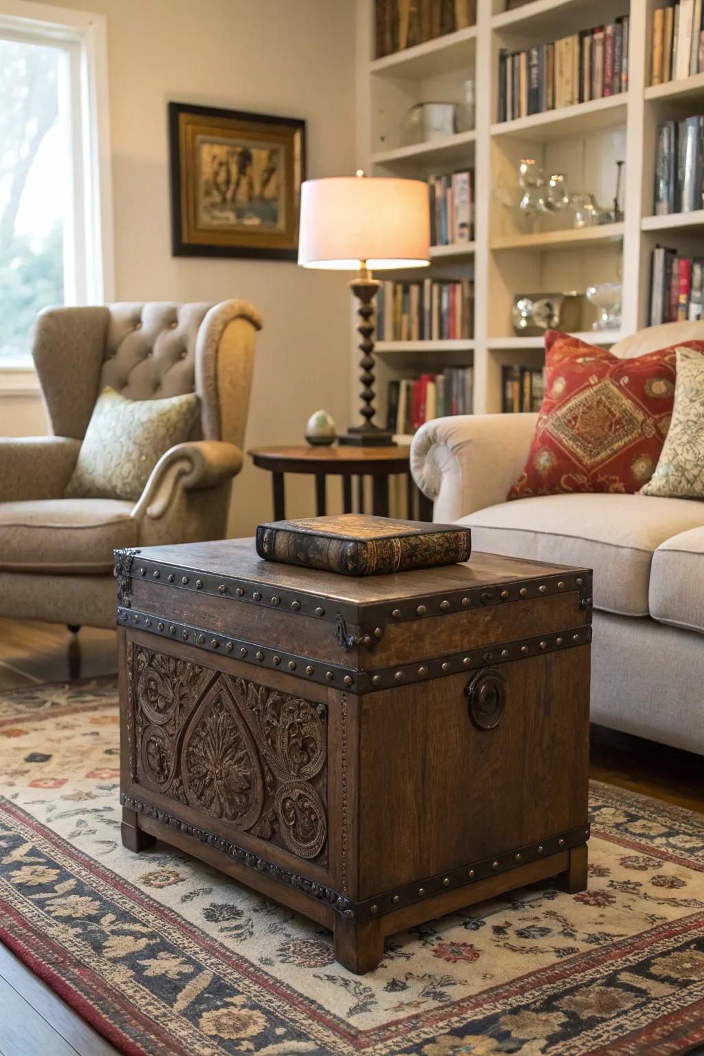 A country-style trunk serves as a delightful end table, ideal for a lamp and reading material.