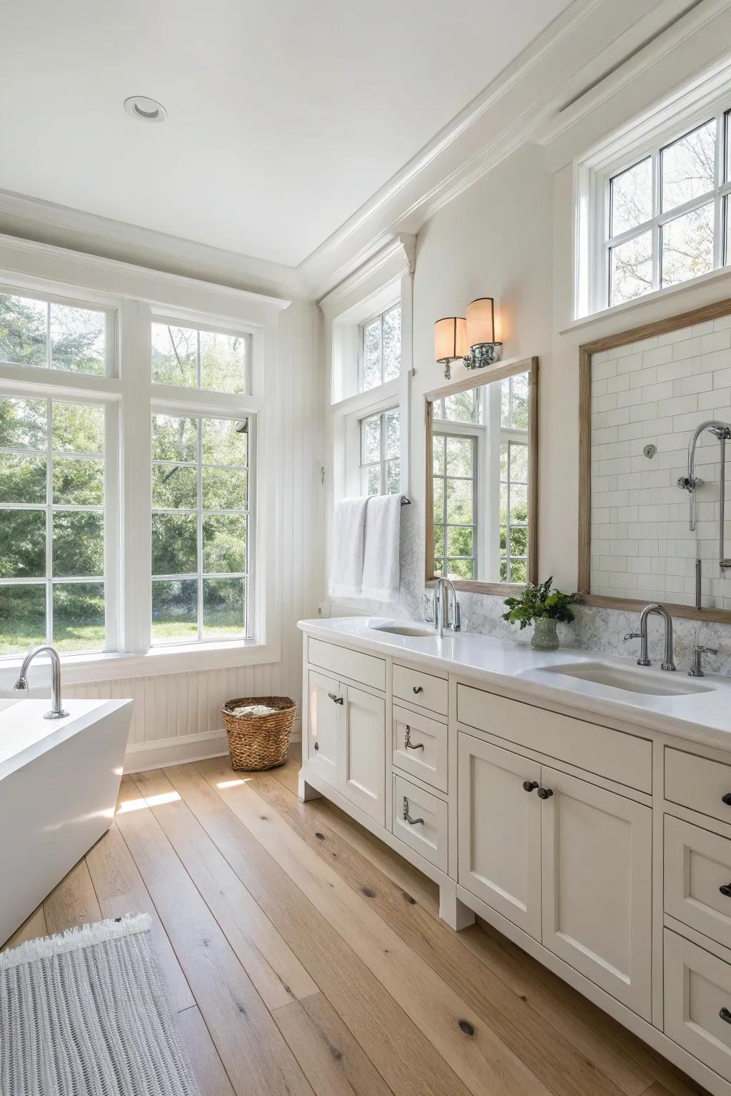 A bright and simple color design establishes a roomy and welcoming bathroom vibe.