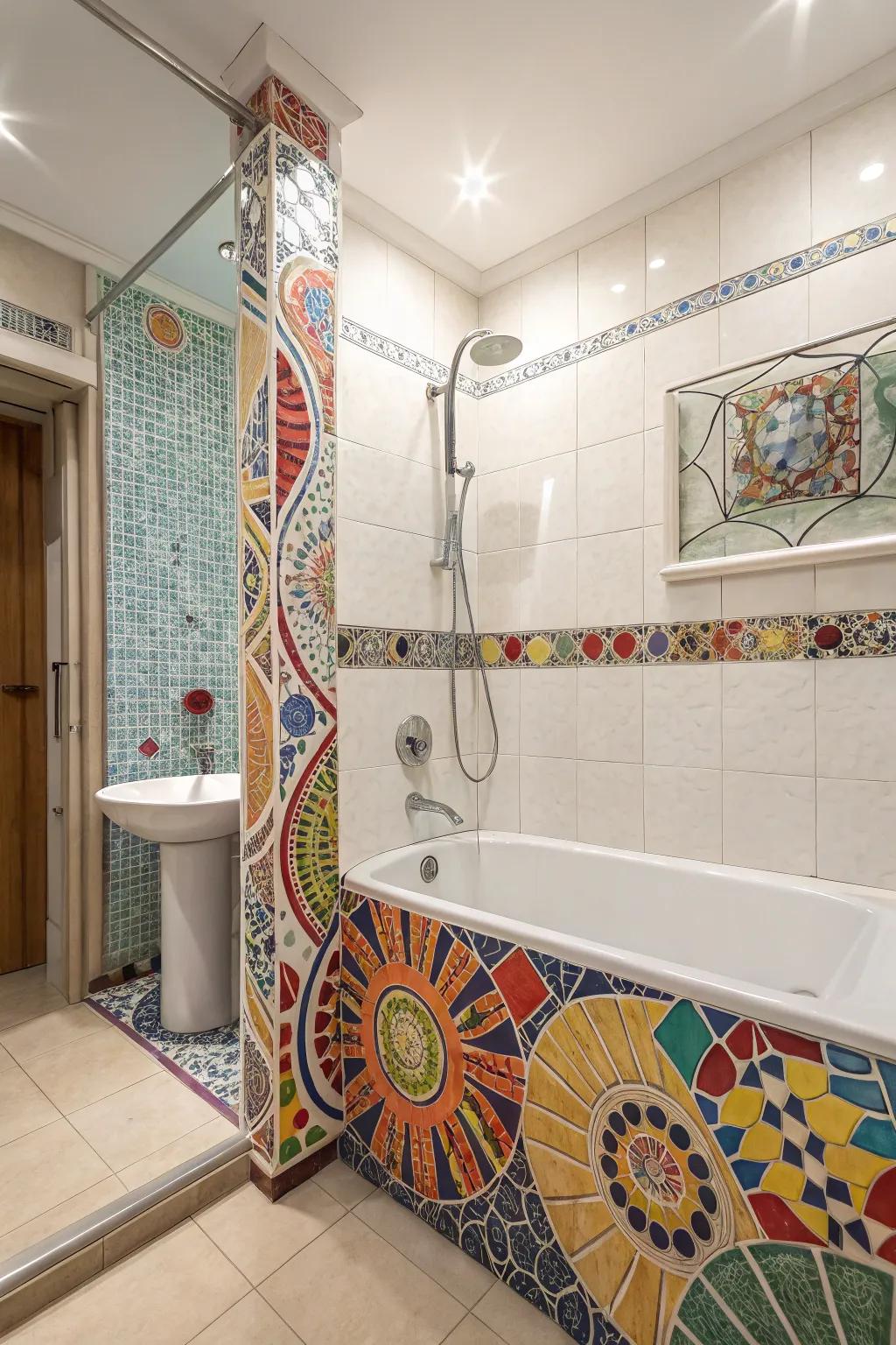 Intense mosaic tiling infuses vibrancy and individuality into this tub and shower zone.