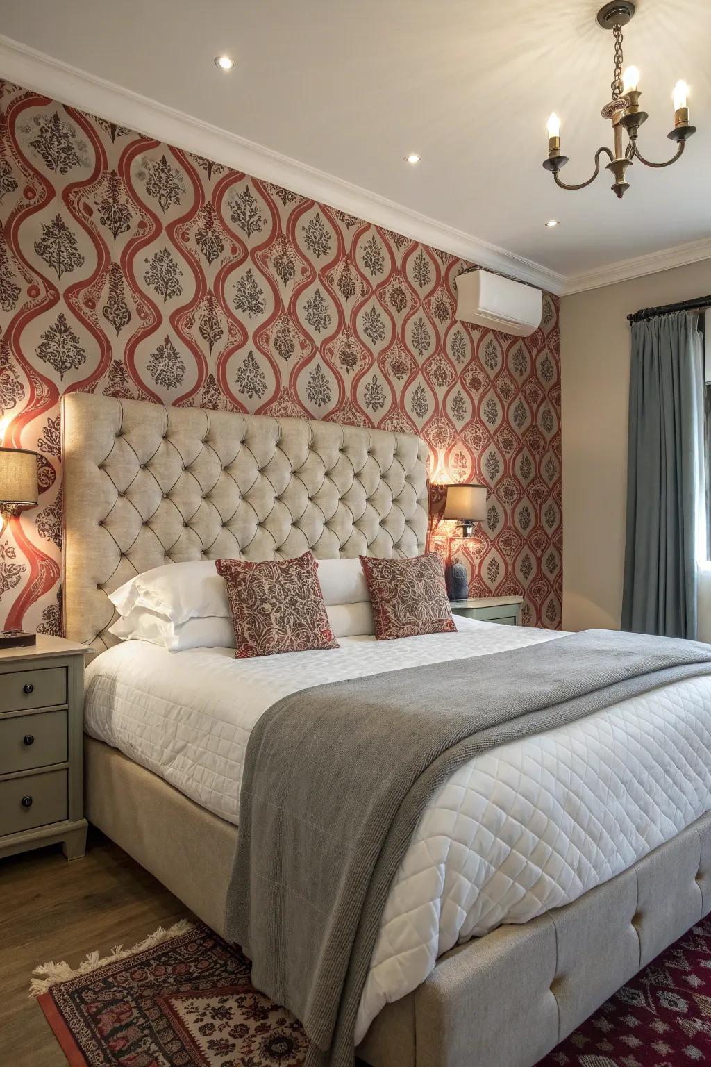 A remarkable bedroom features a tufted headboard juxtaposed with a striking wall.