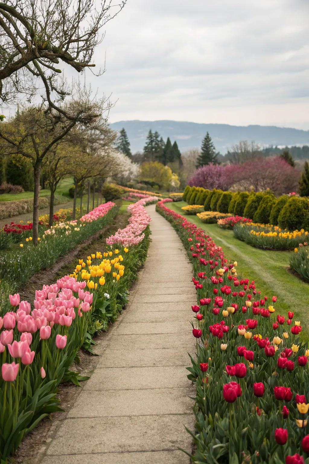 A whimsical path edged with tulips, adding elegance and color to the garden journey.