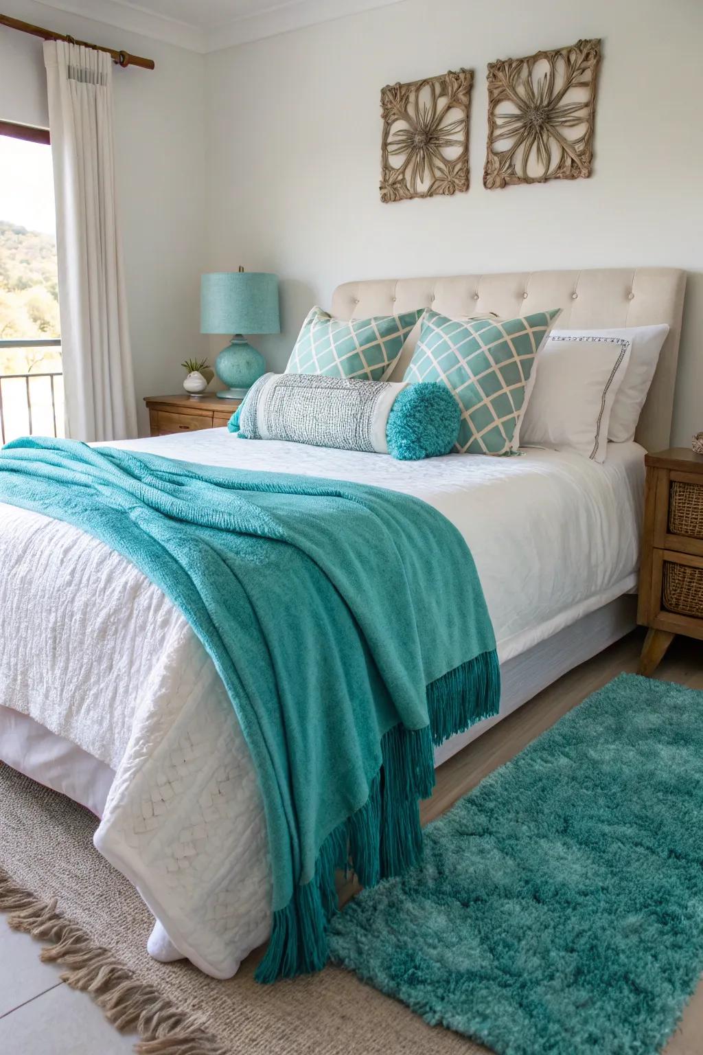 Turquoise fabrics provide a hint of color and warmth to this welcoming bedroom.