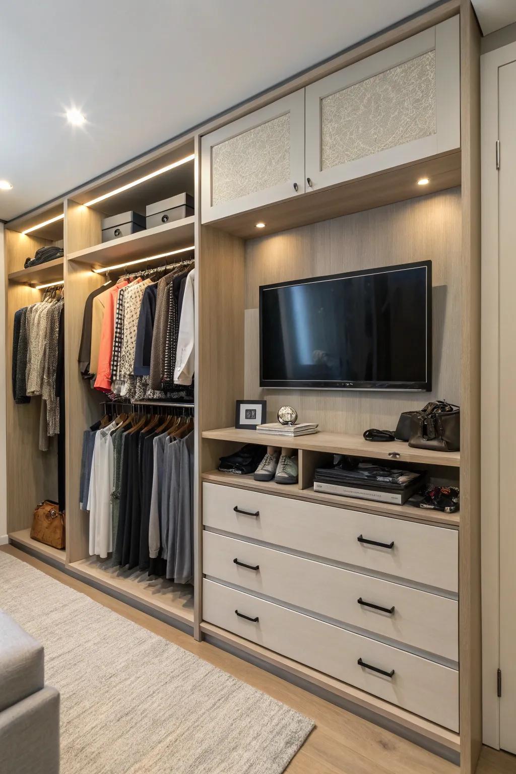 A clever blending of closet storage and TV positioning.