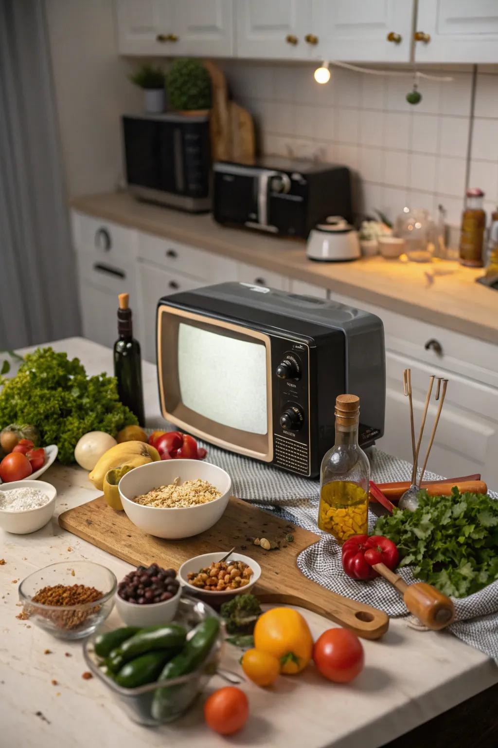 A small TV on the kitchen countertop makes viewing easy while cooking.