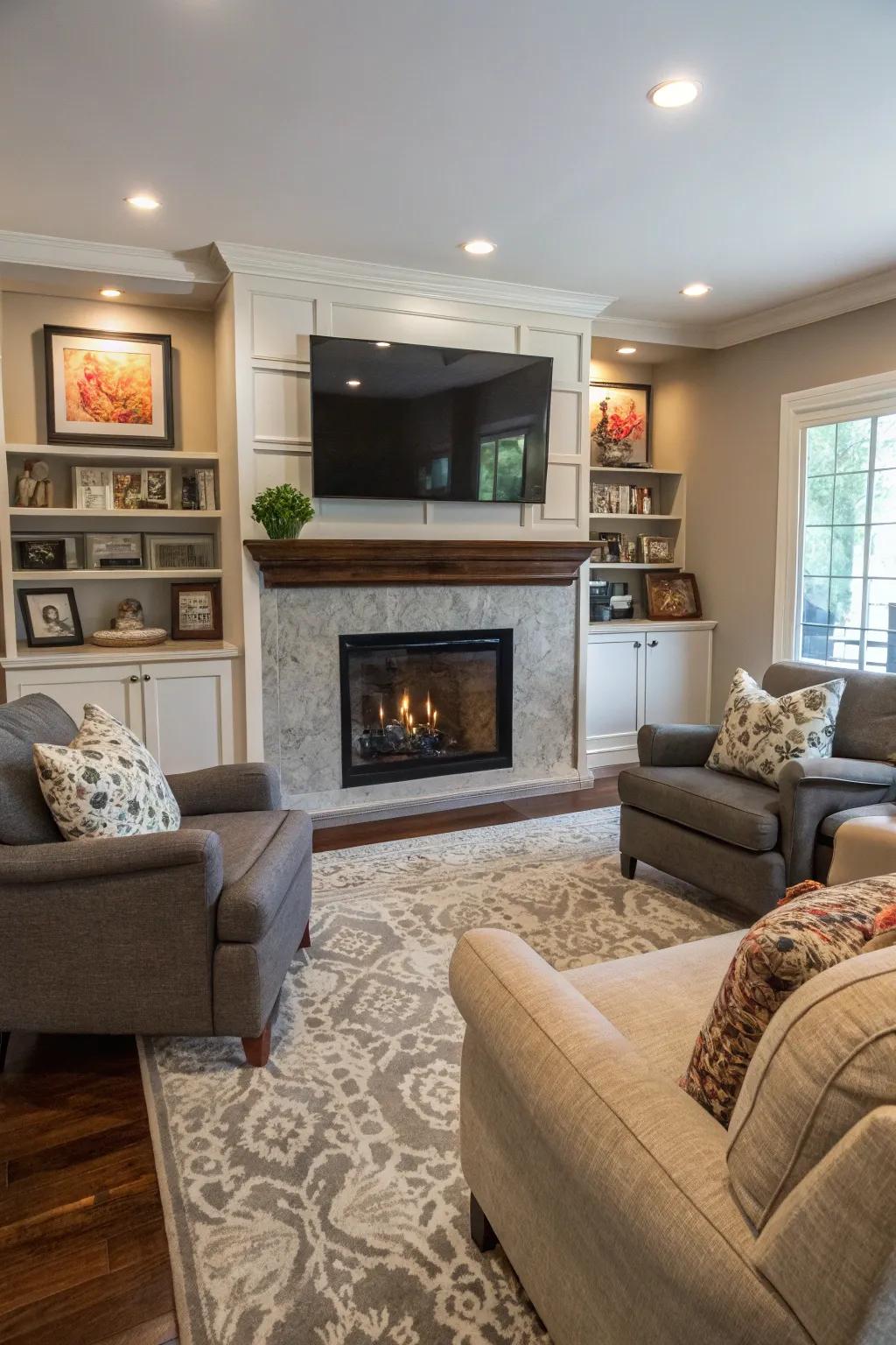 Unite comfort and entertainment by integrating a fireplace.
