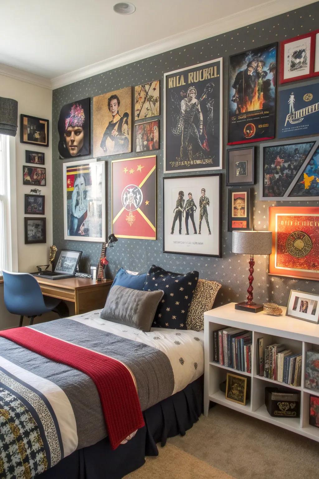A bedroom featuring a variety of wall art and posters.