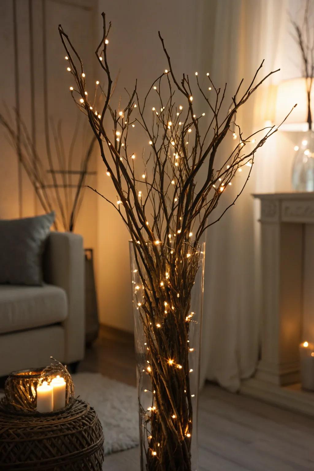 Branches entwined in sparkling strands for a captivating nighttime display.