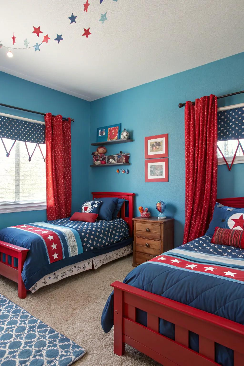 Bright colors energize the twin boys' retreat