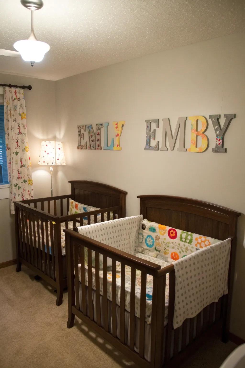 Personalized wall decor contributes a unique touch to each twin's area.