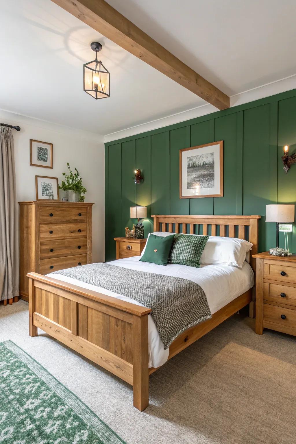 A peaceful bedroom showcases forest green and white walls, inspired by nature.