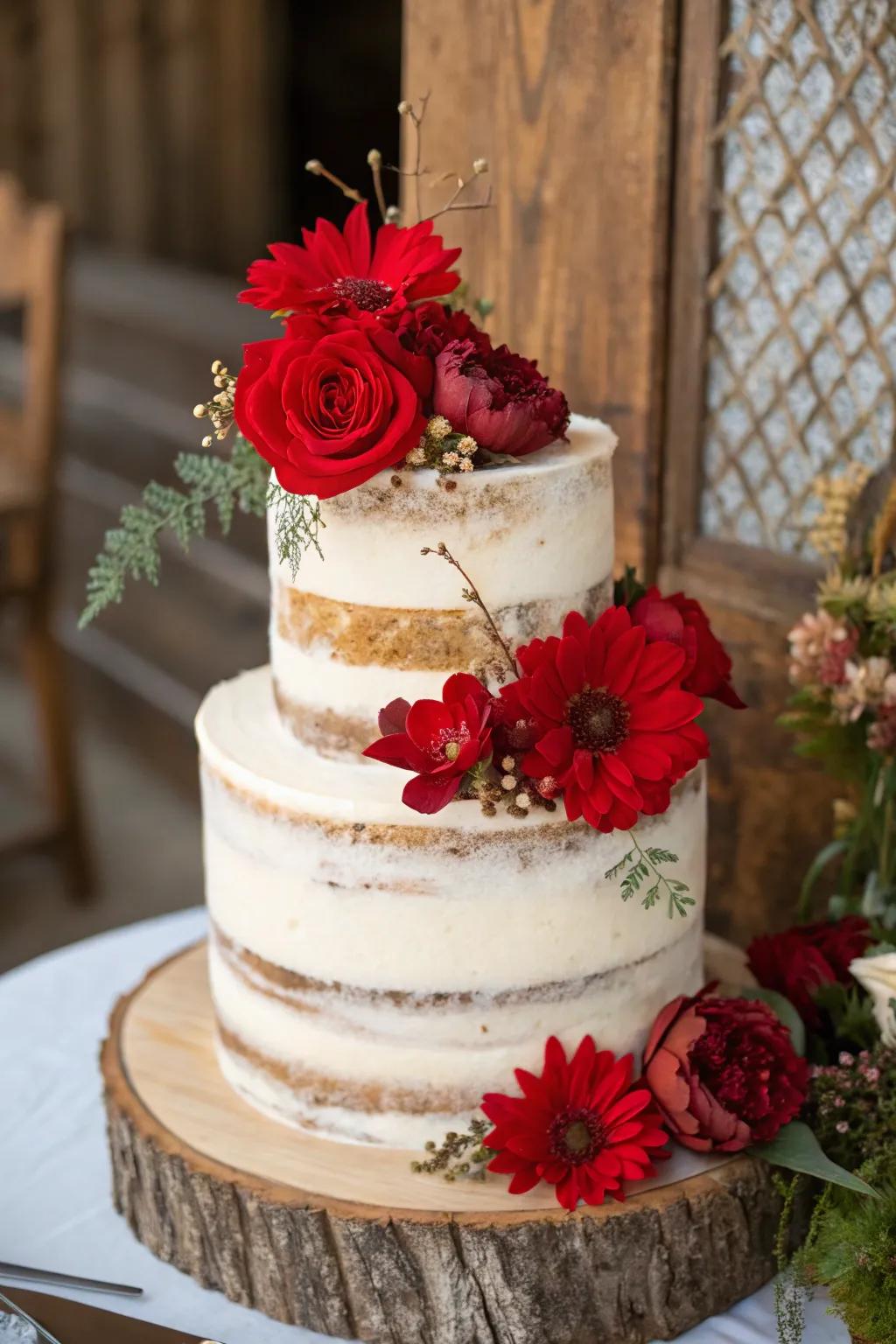 A cake that is semi-naked with a vibrant color accent.