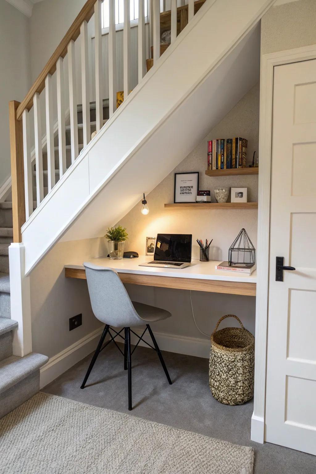 Construct a hidden workspace beneath the stairs.