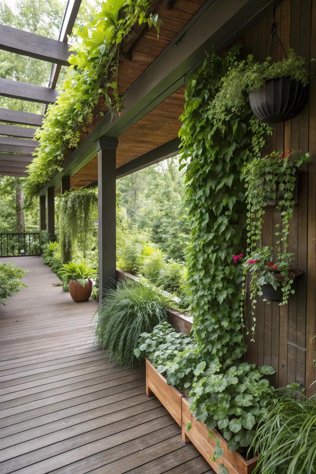 A secluded garden corner beneath the deck, overflowing with vibrant greenery and vertical planters.