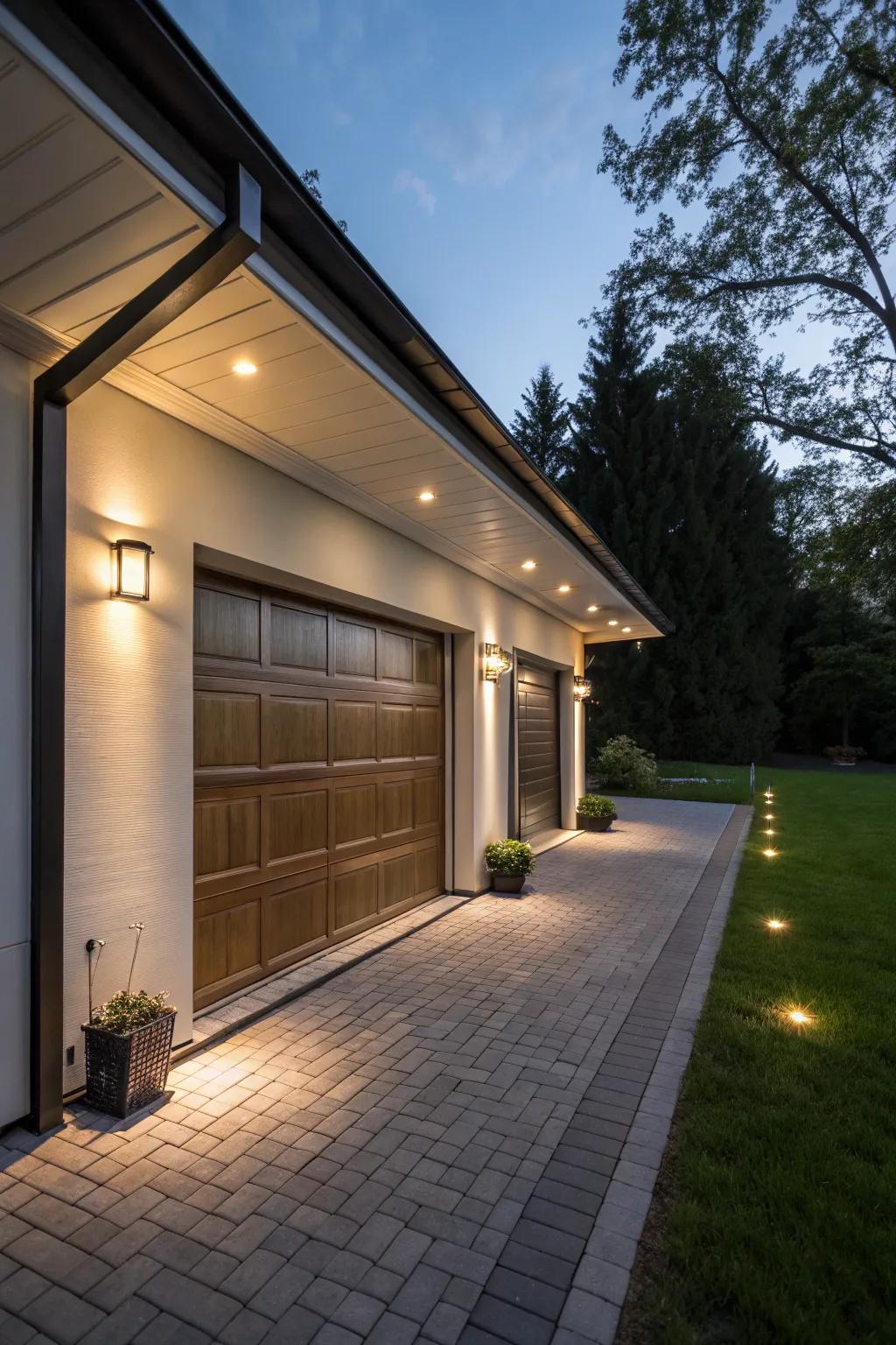 Illumination beneath the eaves transforms the garage into a fashionable element.
