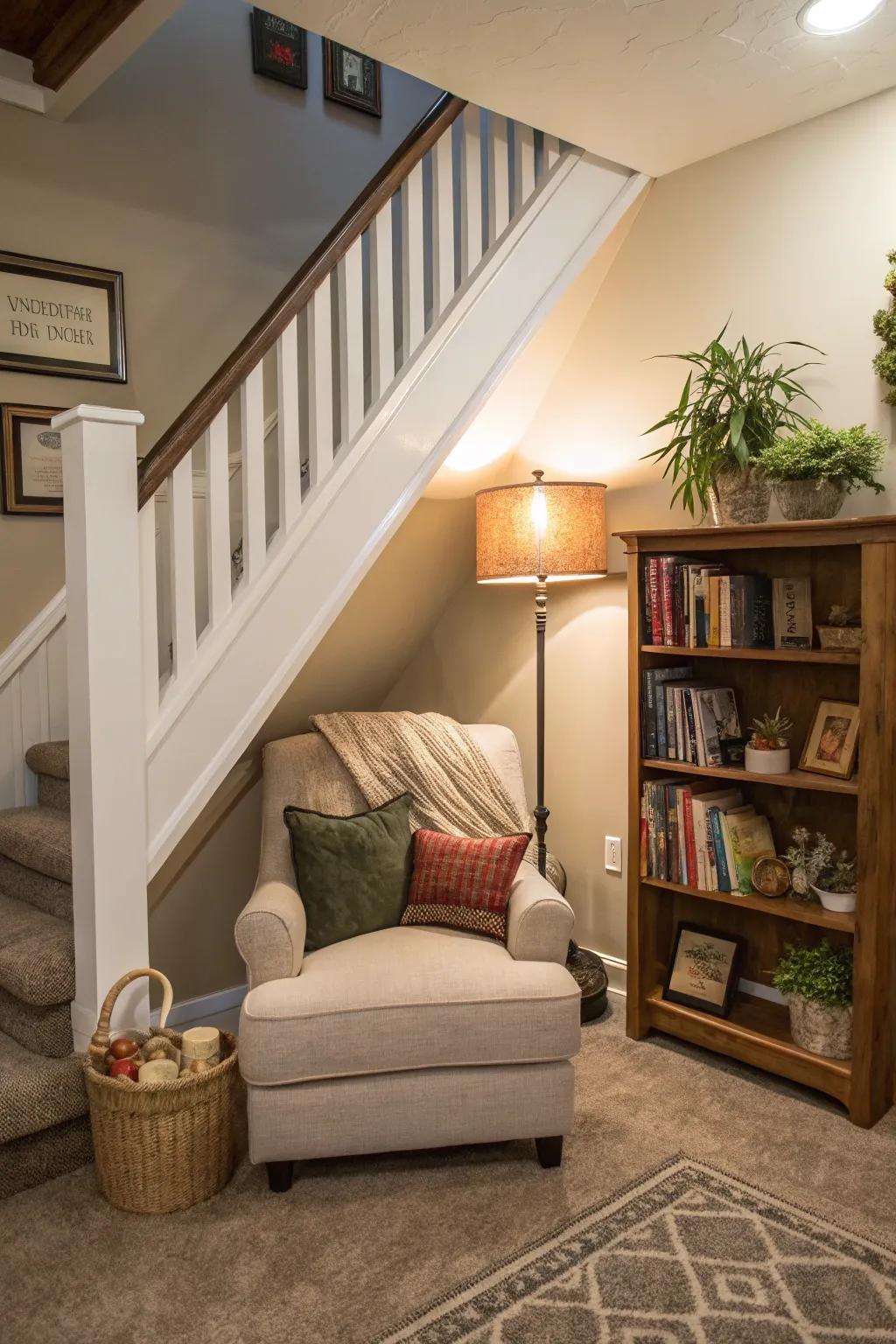 A reading nook under the stairs provides a tranquil area for relaxation.