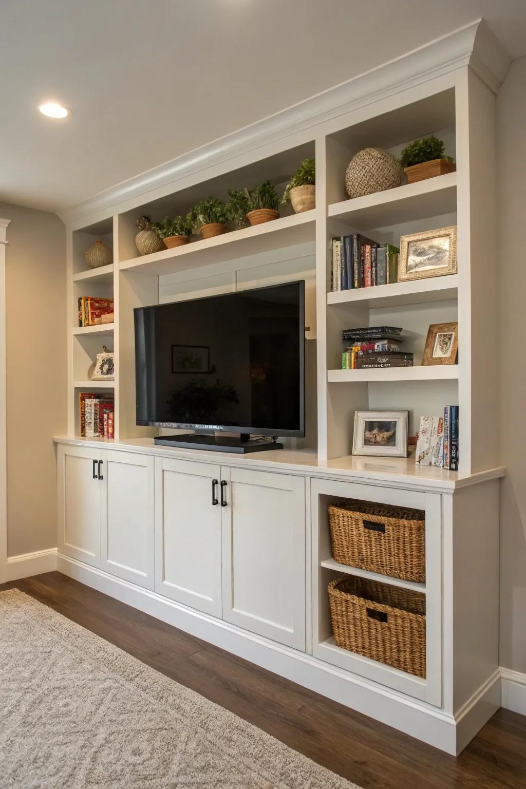 A built-in cabinet offers sophistication and purpose under your TV.