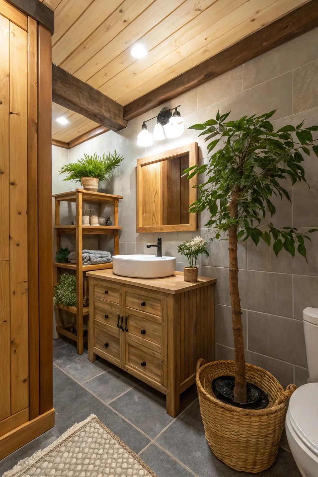 Bring the outdoors inside using wood accents and plants.