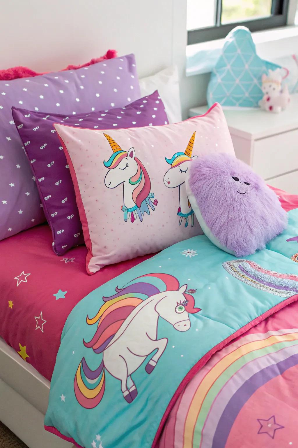 Bedding with a unicorn theme, crafting a magical escape.