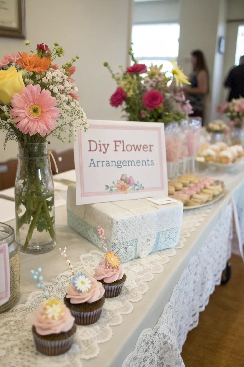 A creatively arranged table featuring personalized floral stations and unique touches.