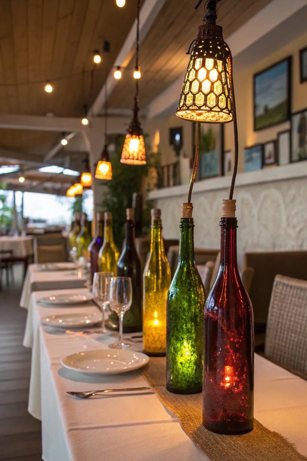 Eco-friendly grape beverage bottle lamps for your dining area.