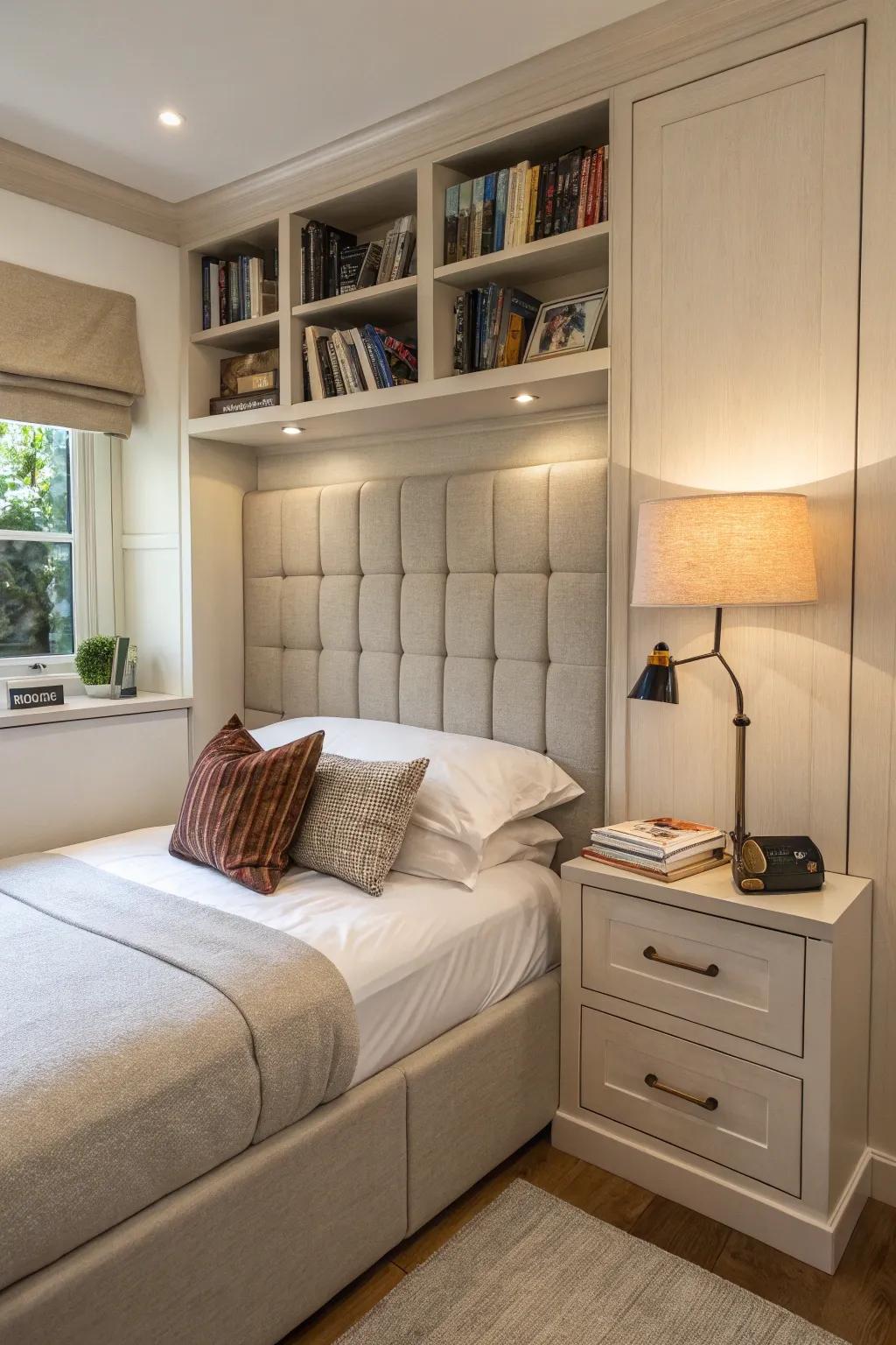This L-shaped headboard makes excellent use of space while also enhancing comfort.