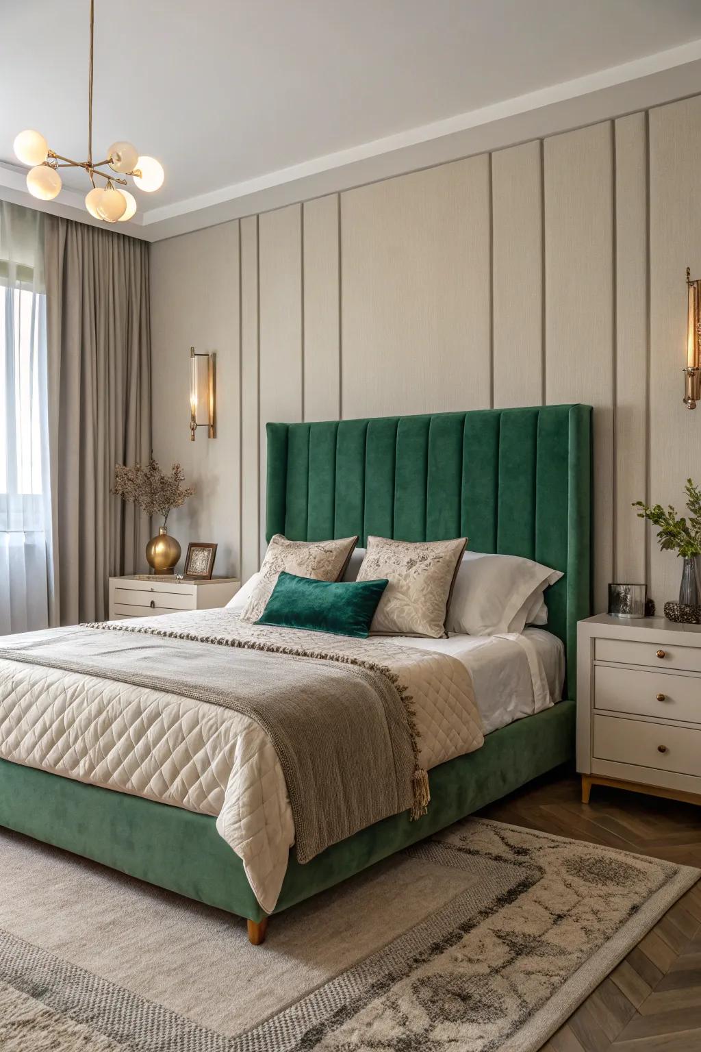 A striking emerald headboard brings a lively element to the bedroom.