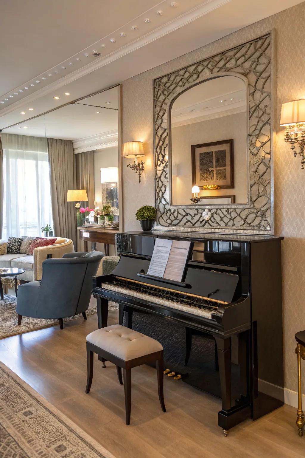 An elegant living room showcasing an upright piano with a decorative mirror creating a sophisticated touch.
