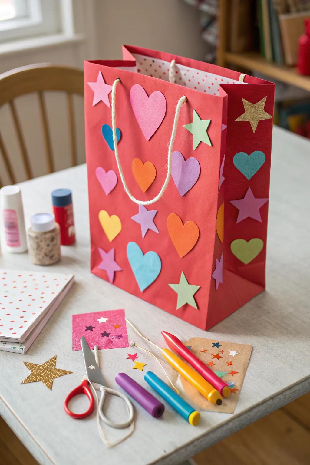 Valentine's surprise bag adorned with vibrant paper adornments.